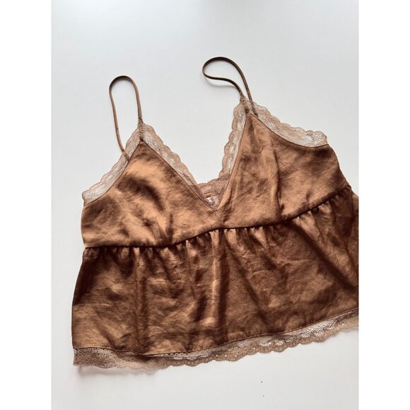 Aritzia LITTLE MOON Sedum Brown Satin Cropped Peplum Camisole Tank Top, Size S - Picture 6 of 15